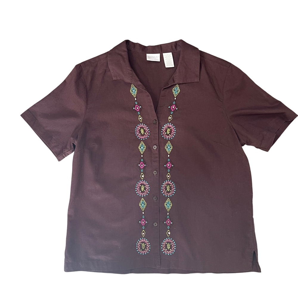 Erika Brown Linen Blend Embroidered Beaded Short Sleeve Button Down Shirt Large